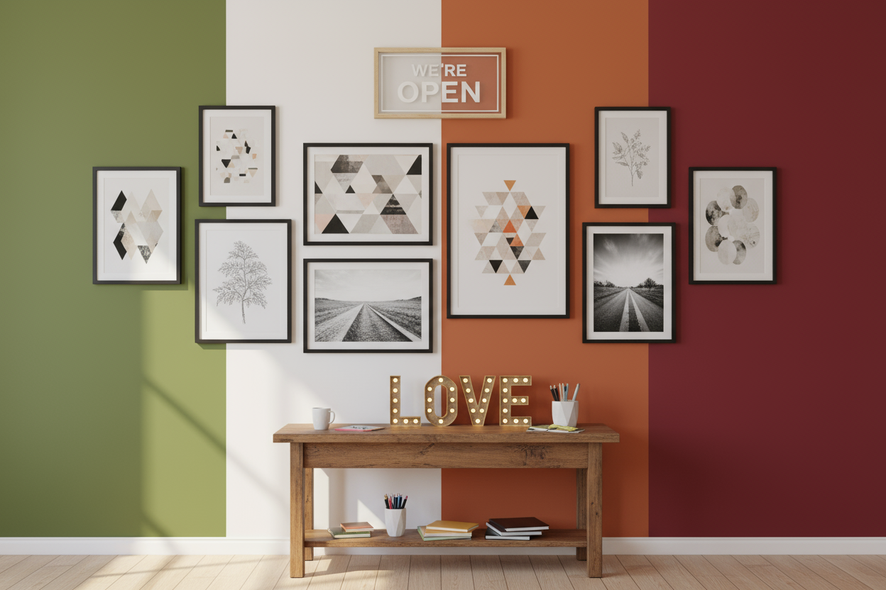 green,white,orange and burgandy background and multiple wall art prints and large amount of sunlight and the we're open sign is good at the top of the centre and in the frame. and also witha table below with a mug having mutliople stationary and coffee mug and LOVE sign on the table having a light in the letters.